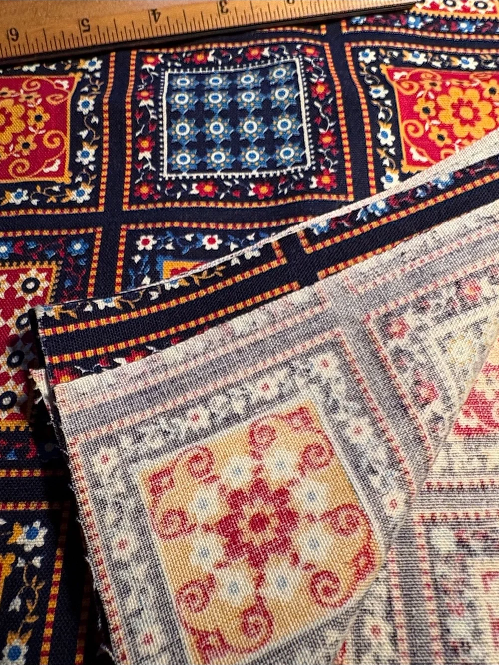 Vintage Concord Fabrics Patterned Decorative Fabric Panel Navy, Red & Yellow VV
